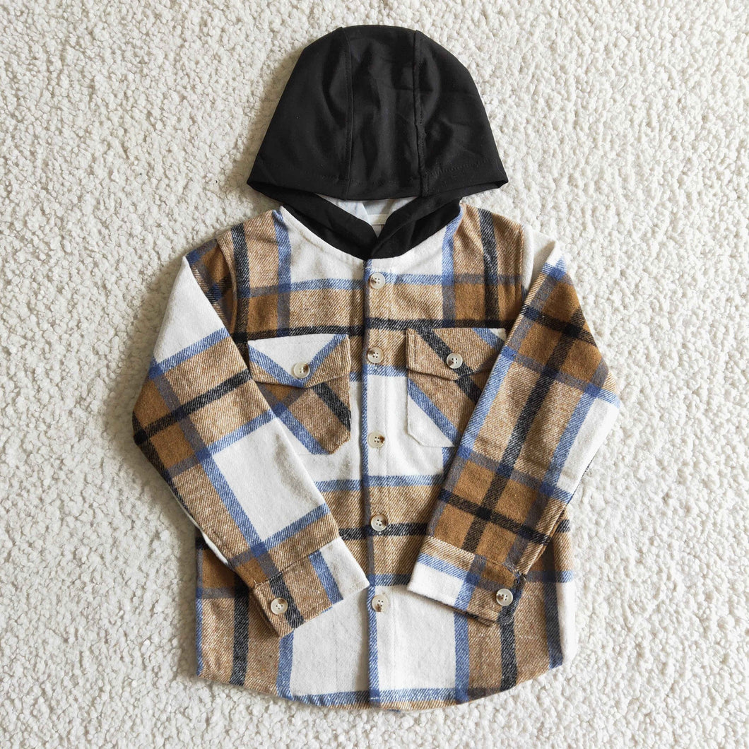 Brown Hooded Plaid Button up